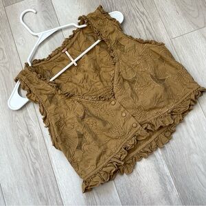 Free People Top embroidered floral ruffle crop womens Tan (small) boho romantic
